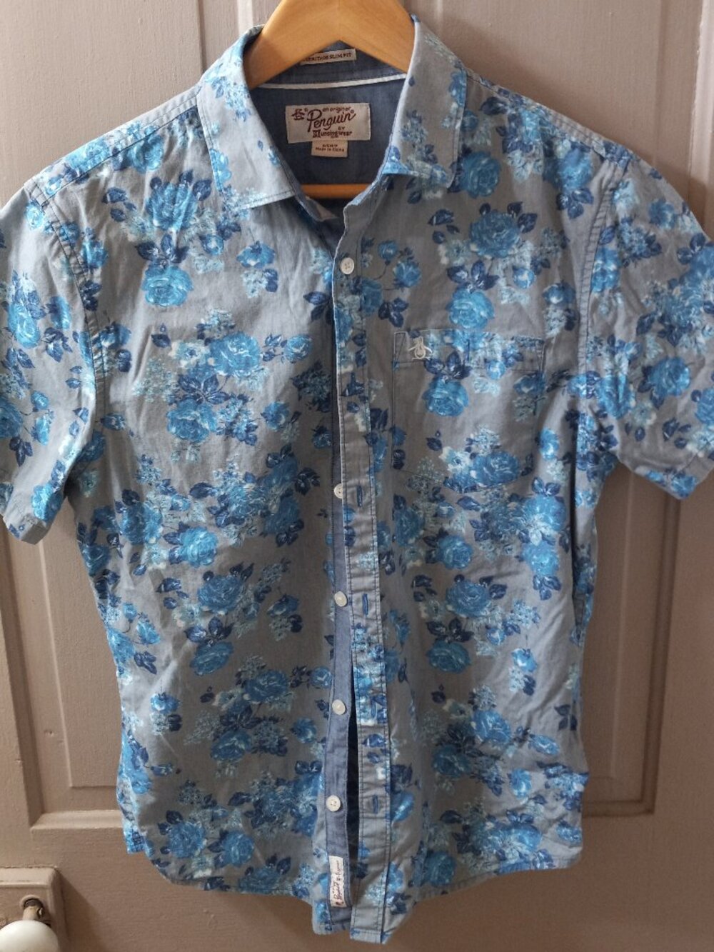 Blue Floral Mens (S) Short-sleeve Shirt by Penguin - Button up, Beach, Casual